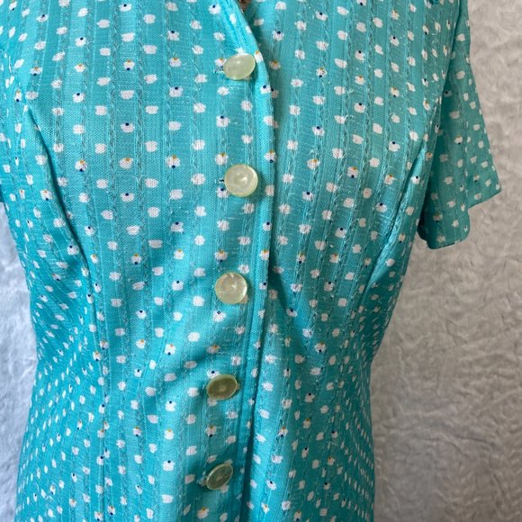 Vintage 60’s Retro Teal Polka Dot Print Abstract Belted Midi Dress Frock - Picture 10 of 14